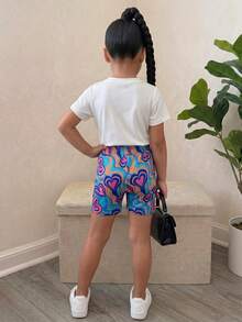 SHEIN Young Girls Summer Casual Bear Print T-Shirt And Heart Print Shorts Set, Kids Two Piece Set Shorts Set For Girls Two Piece Outfit Toddler Girl Cute Short Sets T Shirt Shorts Suit For Girls - Multicolor - View 2