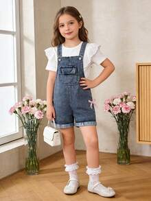 Elladie kids 女童可爱风牛仔背带短裤，春夏款，中蓝色牛仔布，粉色蝴蝶结设计，直筒裤型，面料柔软舒适，适合上学、通勤、日常外出穿着。 - 中等水洗藍 - 查看 9