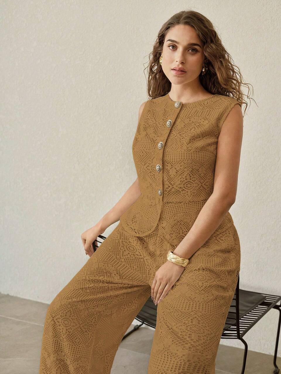 MOTF Conjunto de top, chaleco y pantalones de encaje hueco de verano, encaje francés versátil y de moda para mujeres de talla grande, 2 piezas