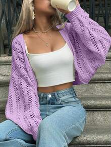 Women's Lightweight Knit Cardigan With Batwing Sleeves And Openwork - Purple - View 2