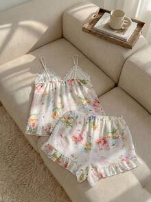 Resyla 花卉印花对比色蕾丝蝴蝶结前褶边下摆睡衣套装/睡衣套装 - 杏色 - 查看 2