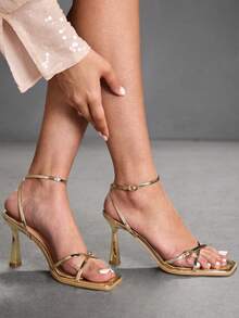 CUCCOO SZL Women Shoes New Square Toe Slender High Heel Light Gold Open Toe Back Ankle Strap Cross Lace Women's High Heel Sandals Fashion Sexy Versatile Women's Sandals Prom Heels Summer - Light gold - View 9