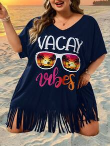 SHEIN CURVE+ Curve 尺码 US22 音乐节、海滨度假、波西米亚风女士 V 领印花宽松沙滩罩衫，适合夏季海滩度假 - 藍色 - 查看 9