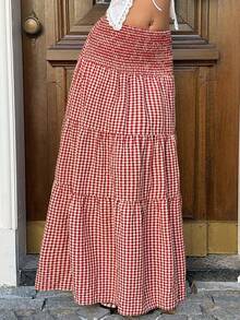 Sunnyshic Women's Elegant Casual Vacation Versatile Daily Wear Fashionable Plaid Fabric Waist Tie Cinched Waist Long Skirt, Spring/Summer - Multicolor - View 8