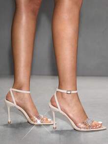 CUCCOO SZL Sandalias de tacón alto con puntera abierta para mujer, de estilo elegante y sexy, con tira de tobillo, adecuadas para fiestas, banquetes y discotecas. Diseño con tacón de aguja, pedrería transparente y color albaricoque, perfectas para primavera/verano. - Beis - Ver 7