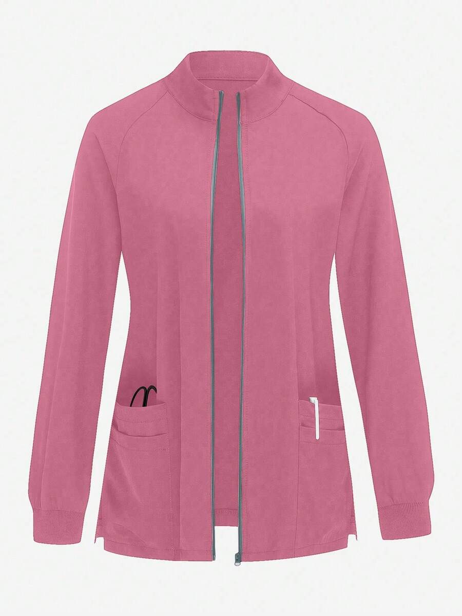 TaskEZ Women's Stand Collar Zipper Front Casual Daily Scrub Uniform Long Sleeve Jacket - Pink - View 1