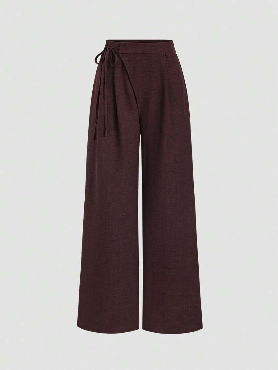 Sweetra Quần ống rộng xếp ly thắt eo dáng suông mới mùa Xuân/Thu - Cà phê nâu - Xem 1