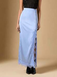 Briarwyn Falda larga de cintura alta azul claro para mujer en verano, otoño, elegante, falda casual de satén para fiestas, Día de San Valentín, vacaciones de primavera para mujer - Celeste - Ver 5