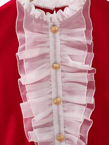 SHEIN Đầm ren phối lưới tương phản thanh lịch cho bé gái tuổi teen với viền bèo nhún. - Đỏ - Xem 10