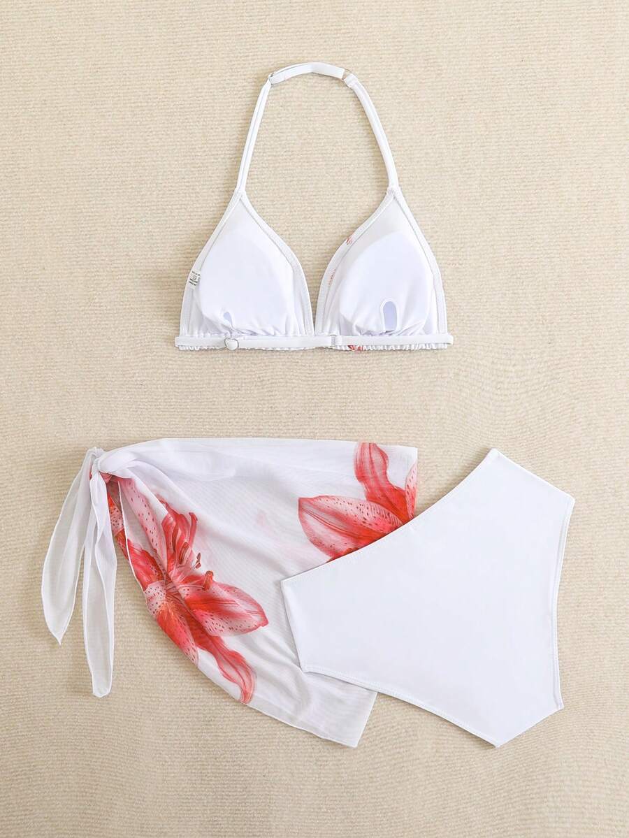SHEIN 少女三件套比基尼,黑色碎花挂脖三角上衣、三角泳裤、纱笼,时尚休闲优雅泳装,适合游泳、度假、夏季穿着。少女夏季两件套泳衣,两件套夏季服装,少女夏季两件套泳装,挂脖比基尼,碎花比基尼,沙滩泳装,带罩衫的比基尼。 - 白色 - 查看 1