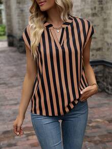 SHEIN LUNE Striped Print Cutout Collar Casual Short Sleeve Shirt - Coffee Brown - View 3