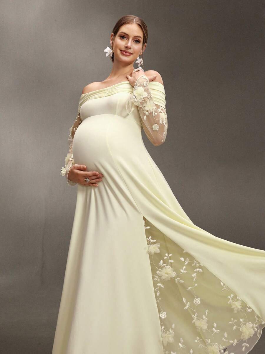 Cheriluna Maternity 纯色长开衩无肩带网纱刺绣孕妇写真连衣裙 - 黃色 - 查看 1