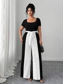 Elenzga Mono de pierna ancha con cuello cuadrado, manga corta, bloque de color y parches plisados para mujer de talla grande - Negro - Ver 3