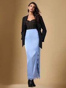 Briarwyn Falda larga de cintura alta azul claro para mujer en verano, otoño, elegante, falda casual de satén para fiestas, Día de San Valentín, vacaciones de primavera para mujer - Celeste - Ver 4
