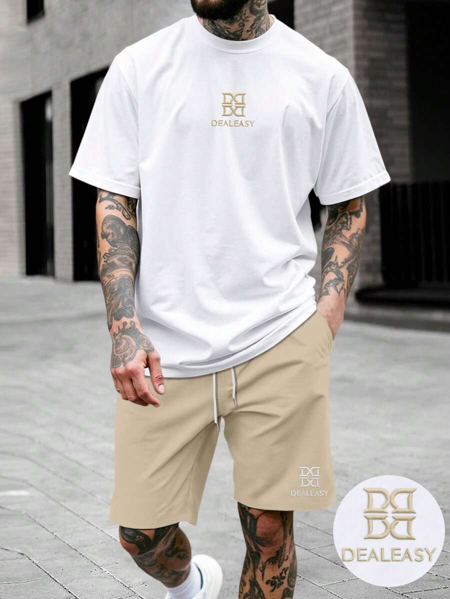 Manfinity Homme Conjunto de camiseta de manga corta con bordado de letras y pantalones cortos con cordón en la cintura, casual y para uso diario, para hombre, verano - Multicolor - Ver 1