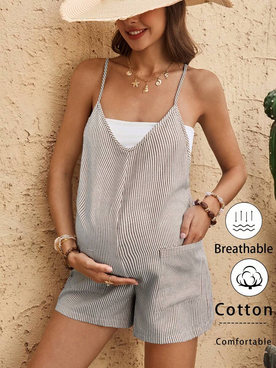 Boho Mama Maternity Summer Casual Vacation Striped Print Jumpsuit - Coffee Brown - View 1