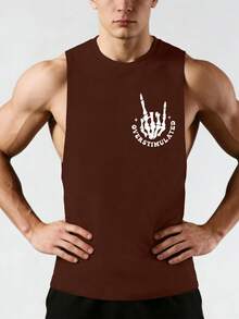 GymBeat Áo tank top thể thao mùa hè cổ tròn in chữ và đầu lâu dành cho nam - Cà phê nâu - Xem 5