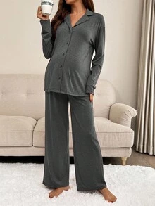 2 pièces Ensemble décontracté de Top à manches longues à col châle et pantalon de maternité de couleur unie - Gris foncé - Voir 6