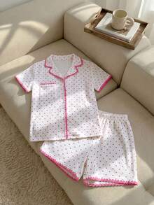 Resyla Allover Heart Print Contrast Binding PJ Set / Pajama Set White Set - White - View 4