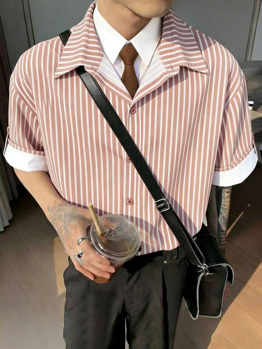 Manfinity Dauomo Men's Pink And White Striped Short Sleeve Shirt, Patchwork Contrast Office For Summer,Casual,Graduation,Back-To-School,Vintage Retro Aesthetic - Multicolor - View 1