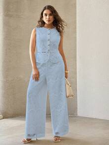 MOTF PREMIUM SUMMER LACE HOLLOW OUT TOP & PANTS SET, MATCHING VEST, FRENCH LACE FASHIONABLE VERSATILE PLUS SIZE WOMEN 2 PIECES OUTFIT - Baby Blue - View 6