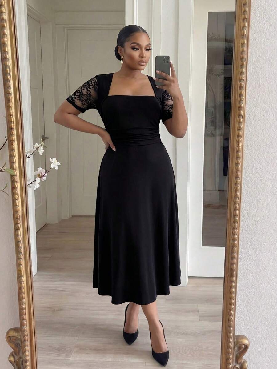 SHEIN Lady CURVE Đầm dự tiệc cỡ lớn dành cho nữ, phối ren, kiểu dáng thanh lịch, thắt eo. - màu đen - Xem 1