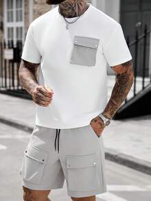 Manfinity CasualCool 男士短袖圆领T恤套装，实用口袋设计，针织T恤搭配梭织短裤，铆钉装饰口袋，细节精致，打造夏季休闲街头风 - 彩色 - 查看 3