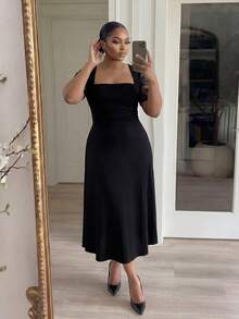 SHEIN Lady CURVE Đầm dự tiệc cỡ lớn dành cho nữ, phối ren, kiểu dáng thanh lịch, thắt eo. - màu đen - Xem 5