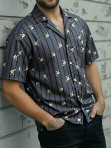 EGENSIO Men's Black Rose Striped Print Button-Front Short Sleeve Shirt - Black - View 4