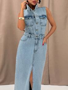 Woman's Sleeveless Button Front Washed Blue Denim Midi Dress With Casual Style - Light Wash - View 6