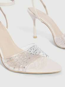 CUCCOO SZL Sandalias de tacón alto con puntera abierta para mujer, de estilo elegante y sexy, con tira de tobillo, adecuadas para fiestas, banquetes y discotecas. Diseño con tacón de aguja, pedrería transparente y color albaricoque, perfectas para primavera/verano. - Beis - Ver 6