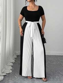 Elenzga Mono de pierna ancha con cuello cuadrado, manga corta, bloque de color y parches plisados para mujer de talla grande - Negro - Ver 5
