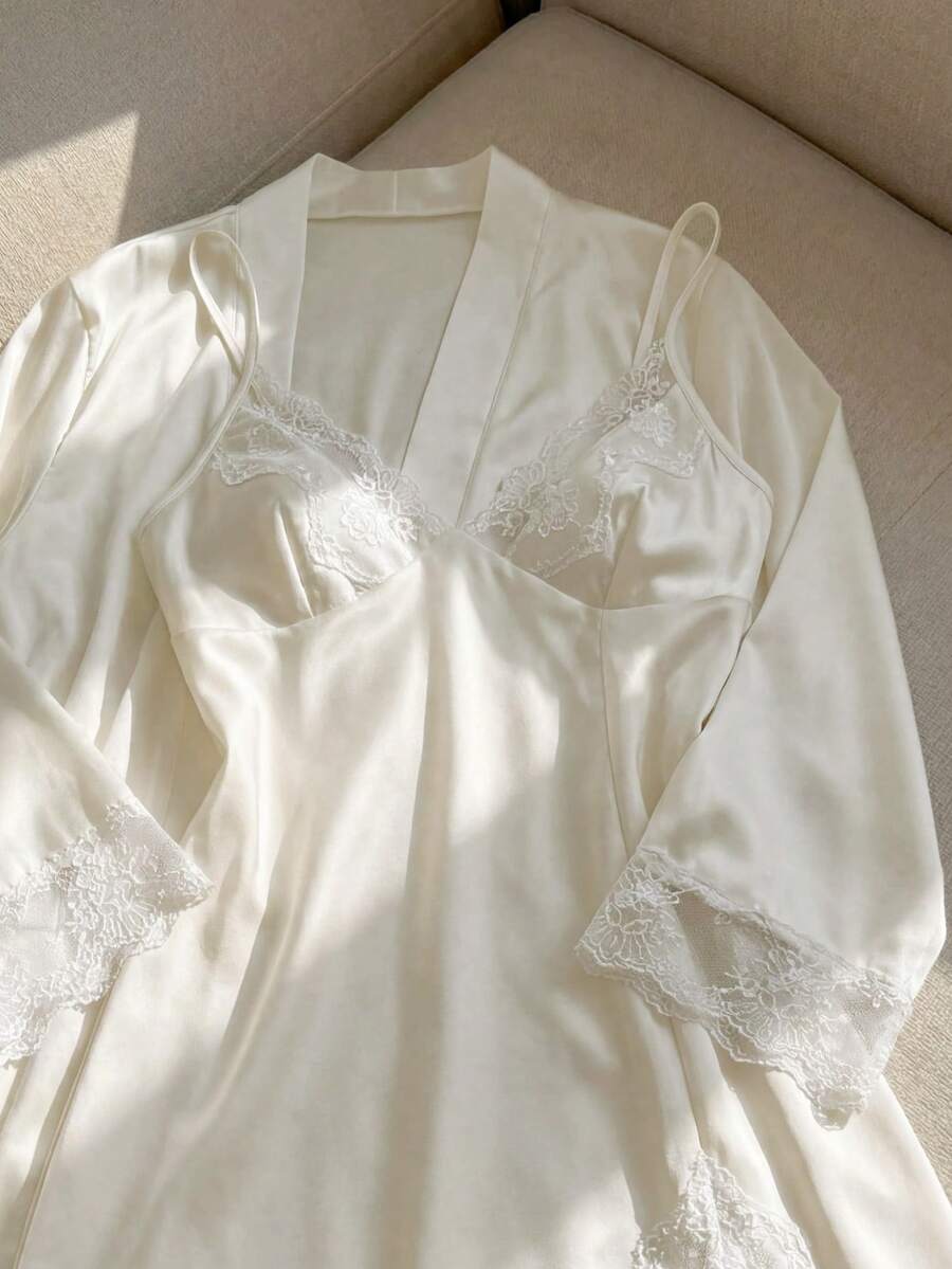 Resyla 女士撞色蕾丝长袖系带睡袍吊带睡裙，优雅睡衣套装，秋冬服装 - 米色 - 查看 1