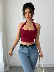 Selianne Áo tank top crop top ren bèo màu đen gợi cảm cho nữ, kiểu dáng dễ thương, áo sexy, trang phục phổ biến, áo sexy cho nữ, áo cho nữ mùa hè, trang phục dễ thương cho nữ, trang phục OOTD cho nữ, áo ôm sát cho nữ, áo thường ngày cho nữ, áo cổ yếm viền ren, áo dễ thương cho nữ, áo crop top đỏ, áo crop top thường ngày cho nữ - Màu Đỏ Sâu - Xem 6