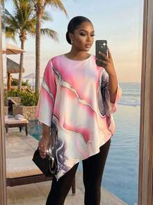 SHEIN Lady CURVE Damen Große Größen Batik 3/4 Arm Asymmetrischer Saum Locker Bluse - Verschiedenfarbig - Übersicht 8