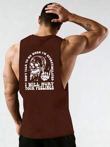 GymBeat Áo tank top thể thao mùa hè cổ tròn in chữ và đầu lâu dành cho nam - Cà phê nâu - Xem 4