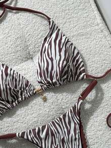 Swim Mod Bộ bikini nữ mùa xuân/hè họa tiết da báo, kiểu cổ yếm, đính trang sức kim loại. - Nhiều màu - Xem 5