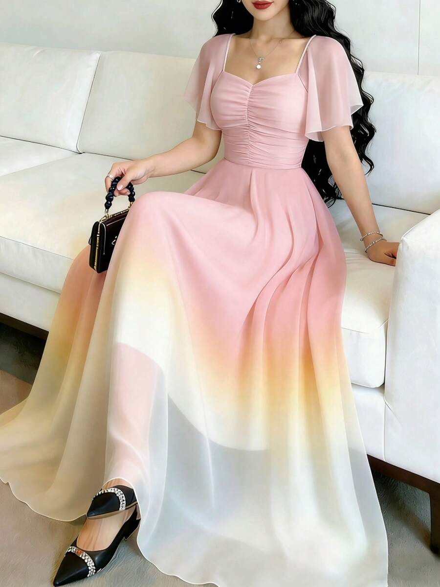 Modelyn 黑色波点印花褶皱方领短袖连衣裙，收腰优雅长裙，适合夏季度假和日常穿着。 - 彩色 - 查看 1