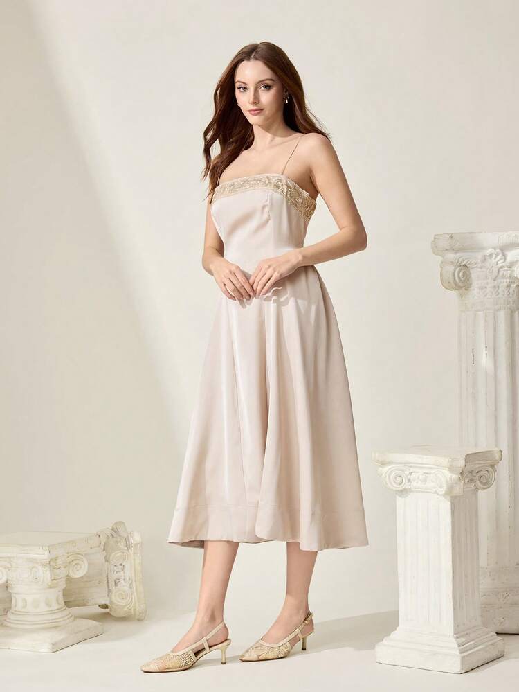 CUCCOO CHICEST Women's Square Toe Mid-Heel Beige Embroidered Mesh Beaded Elegant Party Ankle Strap Pumps Wedding Shoes Summer Shoes Bride Shoes