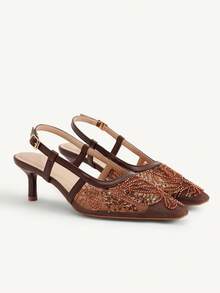 CUCCOO CHICEST Giày cao gót mũi vuông buộc dây, màu cà phê, đính hạt cườm, thời trang dự tiệc, thanh lịch, dành cho nữ. - Cà phê nâu - Xem 3