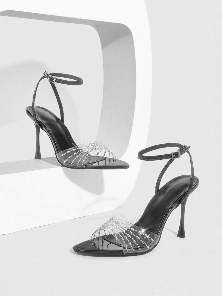 CUCCOO SZL Women Shoes Spring/Summer Pointed Stiletto Black Transparent Rhinestone Sexy Fashion Gorgeous Back Ankle Strap With Skirt Banquet Party Nightclub Ladies High Heel Open-Toed Sandals Spring Shoes