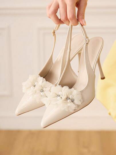CUCCOO HITCHD Women Shoes Pointed Thin High Heel Apricot Three-Dimensional Flower Slingback Women's Slingback Shoes Wedding Party Banquet Simple And Stylish Women's High Heel Shoes Women's Wedding Shoes Wedding Shoes Spring Shoes Bride Shoes