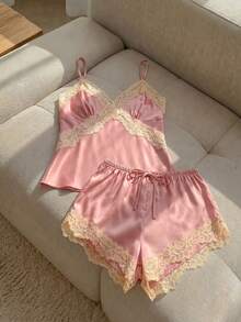 Resyla 对比色蕾丝缎睡衣套装/睡衣套装 - 淺粉色 - 查看 4