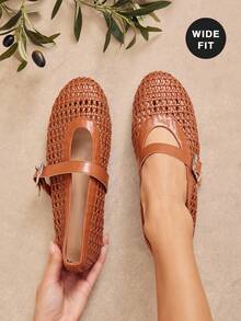 SHUZIA Ladies Wide Fit Crochet Woven PU Mary Jane Flats - Mocha Brown - View 3