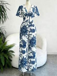 Elenzga 两件套新款深V领性感上衣和阔腿裤，女士 - 藍白色 - 查看 3