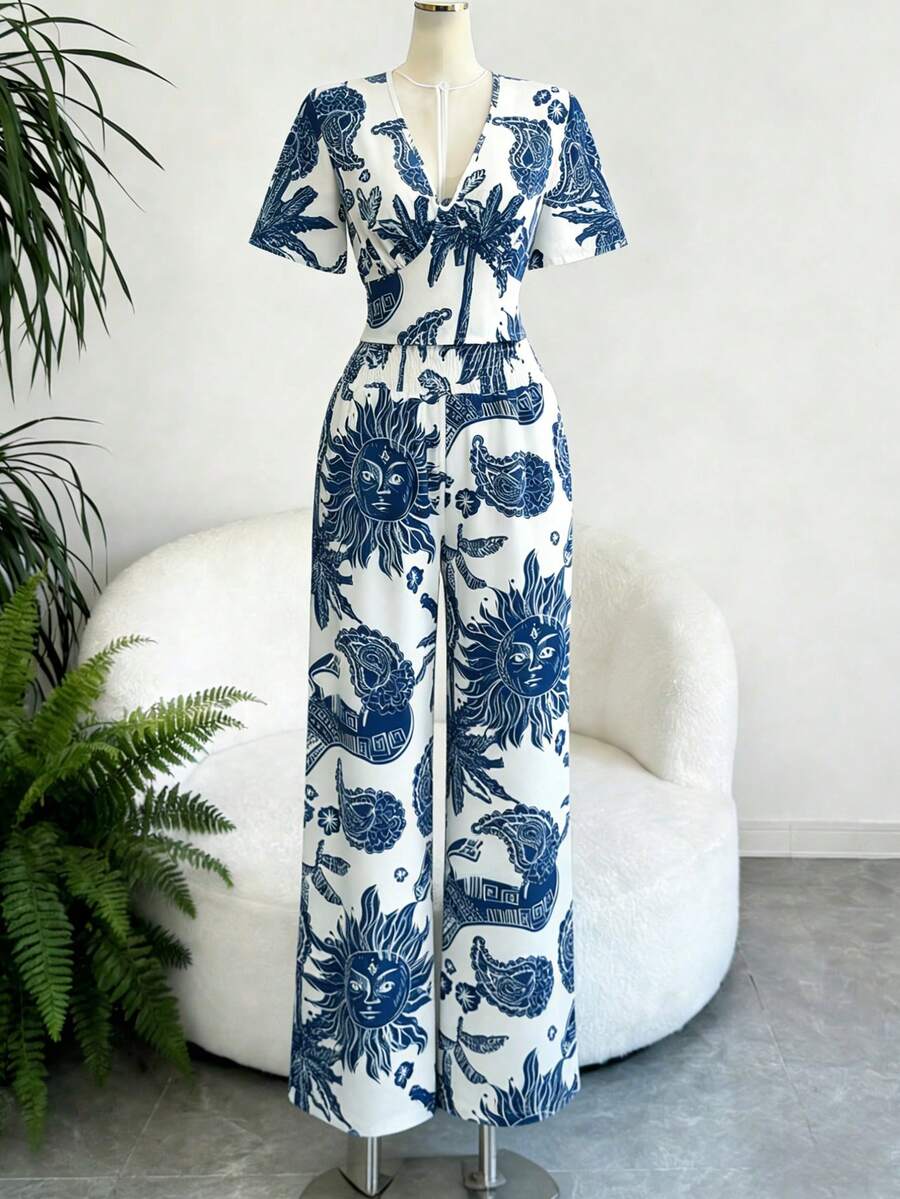 Elenzga 两件套新款深V领性感上衣和阔腿裤，女士 - 藍白色 - 查看 1