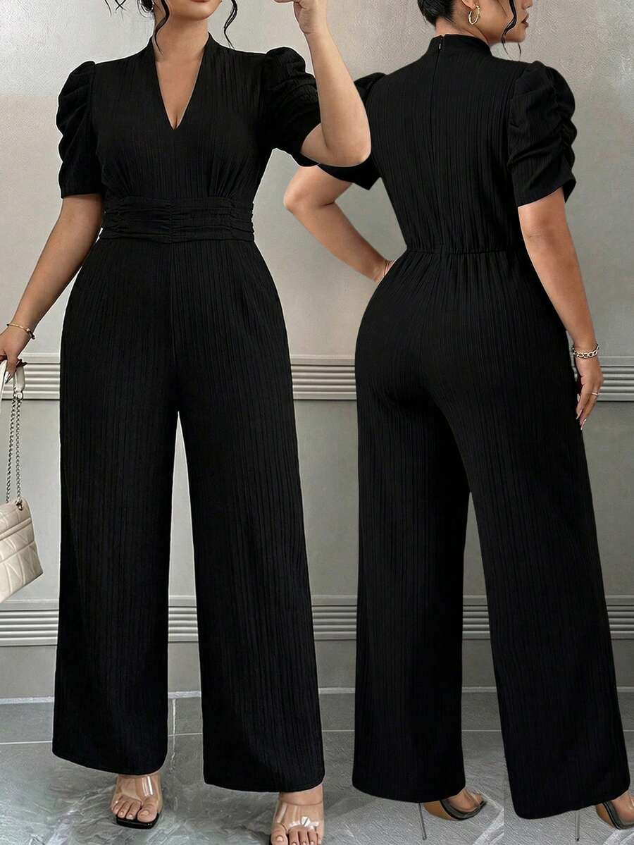 Elenzga Plus Size Jumpsuit With Waist Cinching, Puff Sleeves, Short Sleeves, And Ruched Pants - Black - View 1