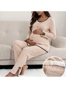 Bộ 2 món đồ bầu gồm áo dài tay và quần dài viền tương phản, đồ ngủ, đồ mặc nhà, đồ ngủ, bộ đồ mặc nhà 2 món, bộ đồ bầu cho phụ nữ, bộ đồ thường ngày 2 món, bộ đồ bầu cho phụ nữ, bộ đồ ngủ hai mảnh cho bà bầu - Màu be - Xem 2