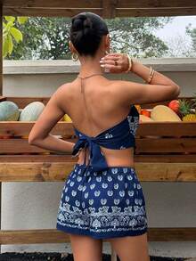 Sunnyshic 女士休闲度假时尚佩斯利印花抹胸上衣和低腰超短裤两件套，适合日常穿着和约会 - 彩色 - 查看 2