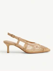 CUCCOO CHICEST Women's Embroidered Mesh Beaded Square Toe Mid-Heel Ankle Strap Pumps, Elegant Party Wear Wedding Shoes Summer Shoes Bride Shoes - Apricot - View 8